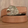 Men's brown leather belt with retro eagle head automatic buckle and snakeskin pattern. - 120cm / Brown Snake Pattern Eagle Head Silver Buckle