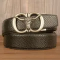 Men's retro automatic buckle leather belt with unique snake pattern cowhide design. - Black Snake Pattern Bull Head Silver Buckle