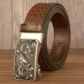 Men leather belt crocodile pattern automatic buckle metal dragon fashion business casual - Brown American Crocodile Silver Dragon Buckle / 120cm