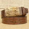 Men vintage brown crocodile pattern leather belt with eagle claw metal automatic buckle. - 110cm / Gold Eagle Claw / Coffee