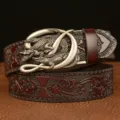 Retro crocodile automatic buckle men's leather belt, stylish carved fashion belt for jeans. - Brown Silver Buckle / 120cm