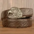 Men's vintage brown leather belt with detailed antique bronze eagle head buckle for casual wear - 120cm / Coffee Crocodile Claw Pattern Eagle Head Silver Buckle
