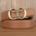 Brown cowhide leather belt for men with retro bull head automatic buckle and snake skin pattern - Brown Snake Pattern Bull Head Silver Buckle / 120cm