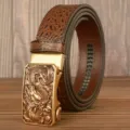 Men's automatic buckle leather belt, brown crocodile pattern strap, Chinese dragon metal buckle. - Brown American Crocodile Gold Dragon Buckle / 120cm