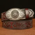 Men's retro automatic buckle leather belt, burgundy dragon embossed cowhide casual belt variant - 110cm / Brown Silver Dragon Buckle