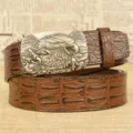 Men's brown leather belt with retro eagle buckle and crocodile pattern design. Perfect daily wear accessory. - 110cm / Silver Eagle Claw / Coffee