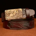 Men's leather belt with automatic eagle buckle, brown embossed strap, stylish western gift. - 120cm / Brown Eagle Pattern Square Eagle Head Gold Buckle