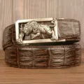 Brown men leather belt with vintage tiger buckle and embossed texture for daily wear. - 120cm / Brown Crocodile Pattern Silver Buckle