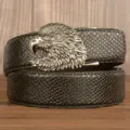 Men leather belt black snakeskin pattern with retro eagle head automatic buckle style - Black Snake Pattern Eagle Head Silver Buckle