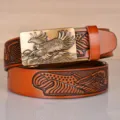 Men leather belt automatic buckle embossed eagle pattern stylish casual brown trouser belt - Khaki with Antique Bronze Buckle