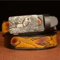 Men's leather belt automatic buckle cowhide belt with eagle embossed pattern and metal buckle - 120cm / Black Eagle Pattern Square Eagle Head Silver Buckle