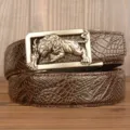 Men cowhide leather belt with retro metal tiger buckle, stylish casual waist belt. - 120cm / Brown Crocodile Claw Pattern Silver Buckle