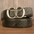 Men's retro cow head automatic buckle leather belt with stylish embossed texture for daily wear. - Black Crocodile Claw Pattern Bull Head Silver Buckle / 120cm