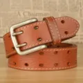 Cintura in vera pelle da uomo con fibbia a doppio ardiglione e cuciture, stile vintage. - Kaki / 110cm