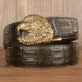 Men retro genuine leather belt with metallic golden eagle head buckle and stylish textured strap. - 120cm / Black Crocodile Pattern Eagle Head Gold Buckle