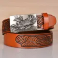 Men's brown cowhide leather belt with eagle embossed pattern and metal automatic buckle. - Khaki with Antique Silver Buckle