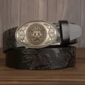 Men's leather belt with vintage dragon metal buckle embossed strap stylish casual wear - 105cm / Black Double Dragon Pattern Oval Dragon Head Silver Buckle