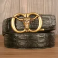 Men's genuine leather automatic buckle belt with gold bull head design and black embossed texture. - Black Crocodile Pattern Bull Head Gold Buckle / 120cm