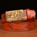 Men's leather belt with retro eagle metal auto buckle and embossed strap design. - 120cm / Khaki Eagle Pattern Square Eagle Head Gold Buckle
