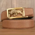 Men's automatic leather belt with gold tiger buckle and textured strap for casual wear. - 120cm / Brown Snake Skin Pattern Gold Buckle