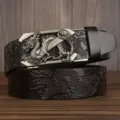Men's black leather belt with metal dragon automatic buckle casual waist strap - Black Double Dragon Pattern Z Silver Buckle / 120cm