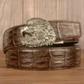 Men Brown Leather Belt with Eagle Buckle Crocodile Pattern Casual Jeans Belt Variant - Coffee Crocodile Pattern Eagle Head Silver Buckle