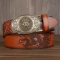 Men's brown leather belt with dragon buckle embossed pattern casual trouser belt stylish accessory - Earth Yellow Double Dragon Pattern Oval Dragon Head Silver Buckle