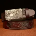 Men's leather belt with metal eagle buckle and embossed strap for casual daily wear. - 120cm / Brown Eagle Pattern Square Eagle Head Silver Buckle