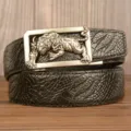 Men's leather belt with retro tiger metal automatic buckle and crocodile pattern cowhide design. - 120cm / Black Crocodile Claw Pattern Silver Buckle