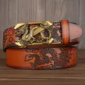 Men's genuine leather belt featuring ethnic dragon embossed pattern and metal automatic buckle. - Khaki Double Dragon Pattern Z Gold Buckle
