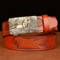 Men's leather belt with eagle buckle, premium cowhide brown strap for casual wear stylish accessory - Khaki Eagle Pattern Square Eagle Head Silver Buckle