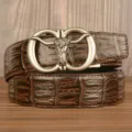 Men brown leather belt with metal bull head automatic buckle stylish retro design. - Coffee Crocodile Pattern Bull Head Silver Buckle