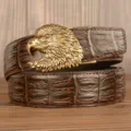 Men's leather belt variant, stylish brown crocodile pattern strap with golden eagle buckle. - Coffee Crocodile Pattern Eagle Head Gold Buckle
