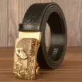 Men leather belt with gold metallic eagle automatic buckle, black crocodile pattern. - 120cm / Black American Crocodile Square Eagle Head Gold Buckle