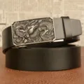 Men's automatic leather belt with exquisite metal dragon buckle, vintage black fashion strap. - 110cm / Black Antique Silver Buckle