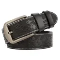 Men vintage carved genuine leather belt with metal pin buckle and stylish floral embossed design. - Black Leaf Pattern