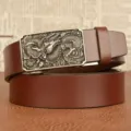 Men vintage brown leather belt with exquisite metal dragon buckle automatic casual jeans belt - 110cm / Coffee Antique Silver Buckle
