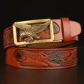 Men's leather belt featuring an embossed eagle pattern and stylish metal automatic buckle. - Khaki Eagle Pattern Gold Buckle / 120cm