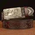Men's leather belt with retro eagle buckle and embossed floral strap for casual wear. - Brown Silver Buckle / 110cm