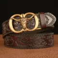 Mens leather belt featuring a metallic bull head automatic buckle and vintage embossed pattern. - 110cm / 4011 Pattern Coffee Double Ring Bull Head Gold Buckle