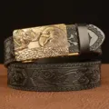 Men's leather belt with embossed eagle buckle and stylish carved pattern main view. - Black Gold Buckle / 110cm
