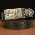 Mens automatic buckle leather belt with detailed eagle head metal buckle and embossed floral pattern. - Black Silver Buckle / 110cm