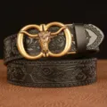 Men automatic buckle leather belt ox zodiac embossed casual fashion waist belt black - 110cm / 4011 Pattern Black Double Ring Bull Head Gold Buckle