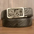 Men vintage dragon automatic buckle leather belt business casual crocodile pattern waist belt - Black Crocodile Claw Pattern Square Coiled Dragon Silver Buckle / 120cm