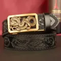 Men automatic buckle leather belt with gold dragon motif and embossed strap fashion style - Black Gold Buckle / 110cm