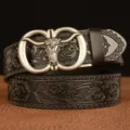Men's leather belt with metal ox head buckle and embossed floral pattern for casual wear. - 110cm / 4011 Pattern Black Double Ring Bull Head Silver Buckle