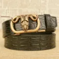 Men's black leather belt with crocodile pattern and vintage ram skull metal automatic buckle. - 110cm / Black American Crocodile Gold Buckle