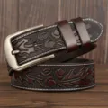 Men's genuine leather embossed belt vintage tooling casual jeans belt with metal buckle - 120cm / Coffee