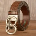 Men's Crocodile Pattern Leather Belt with Vintage Bull Head Buckle Brown Casual Jeans Belt - 115cm / Coffee American Crocodile Silver Buckle