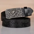 Mens genuine leather belt with metallic dragon automatic buckle and embossed cowhide strap. - 110cm / Black Antique Silver Buckle